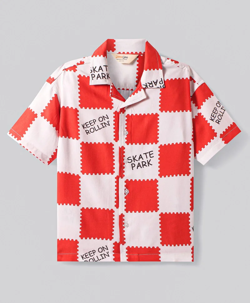 Primo Gino Primo Gino Rayon Woven Half Sleeves Oversized Checkered Shirt with Text Print - White & Red