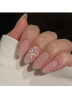 JOSQUEWNN Press On Nails Simple White Bow Tie Wearing Armor, Short Nude Ins-style Nail Art，24Pcs  - Image 1