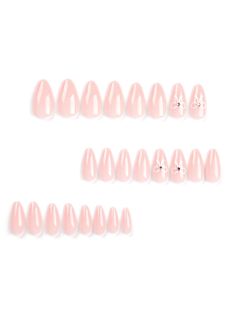 Press On Nails Simple White Bow Tie Wearing Armor, Short Nude Ins-style Nail Art，24Pcs