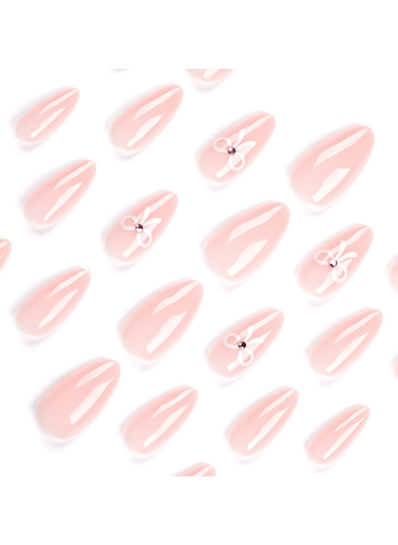 JOSQUEWNN Press On Nails Simple White Bow Tie Wearing Armor, Short Nude Ins-style Nail Art，24Pcs  - Image 5