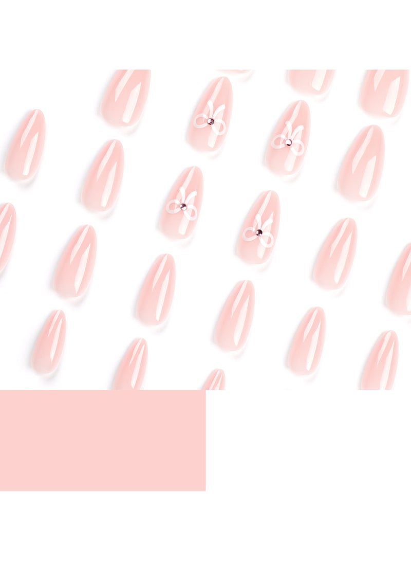 Press On Nails Simple White Bow Tie Wearing Armor, Short Nude Ins-style Nail Art，24Pcs