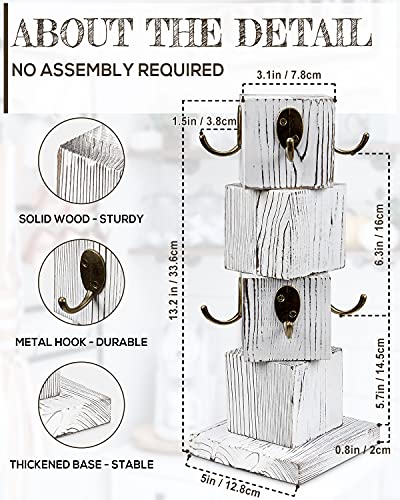 PUERSI Coffee Mug Holder for Counter, Rustic Solid Wood Mug Tree, Farmhouse Wooden Coffee Cup Rack with 8 Hooks (Farmhouse White) - Image 3