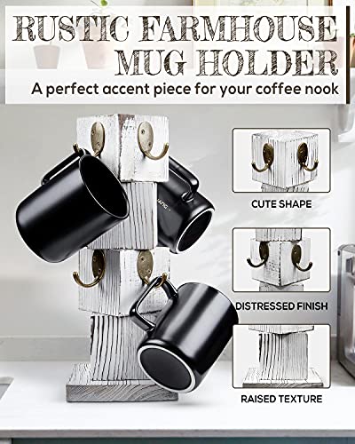 PUERSI Coffee Mug Holder for Counter, Rustic Solid Wood Mug Tree, Farmhouse Wooden Coffee Cup Rack with 8 Hooks (Farmhouse White) - Image 2