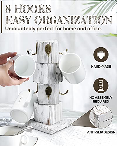 PUERSI Coffee Mug Holder for Counter, Rustic Solid Wood Mug Tree, Farmhouse Wooden Coffee Cup Rack with 8 Hooks (Farmhouse White) - Image 4
