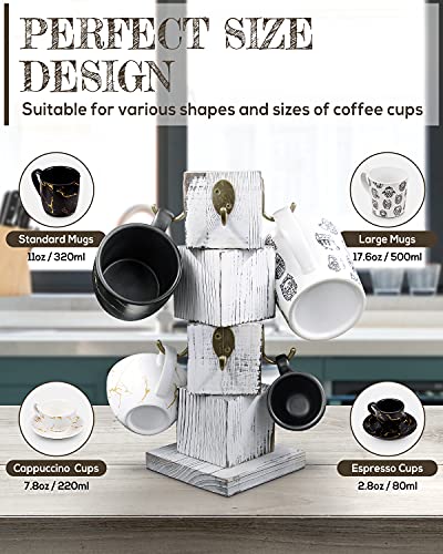 PUERSI Coffee Mug Holder for Counter, Rustic Solid Wood Mug Tree, Farmhouse Wooden Coffee Cup Rack with 8 Hooks (Farmhouse White) - Image 5