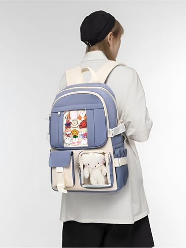 PRLINJSK Kawaii Backpack for Teen Girls Cute Aesthetic High Middle School College Bookbag with Accessories Blue and Beige - Image 3