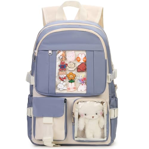 PRLINJSK Kawaii Backpack for Teen Girls Cute Aesthetic High Middle School College Bookbag with Accessories Blue and Beige - Image 1