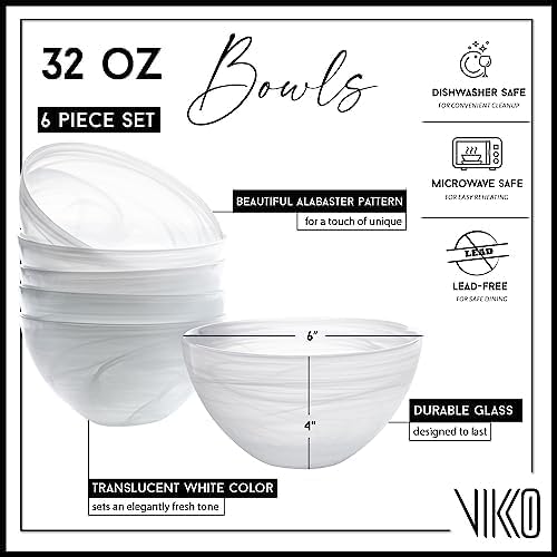 Vikko Salad Bowl Set of 6 White Alabaster Style Soup Bowls 6 Bowl with Marbelized Design Large 32 Ounce Bowls Set For Pasta Fruit Ramen Bowl Dishwasher Safe - Image 2