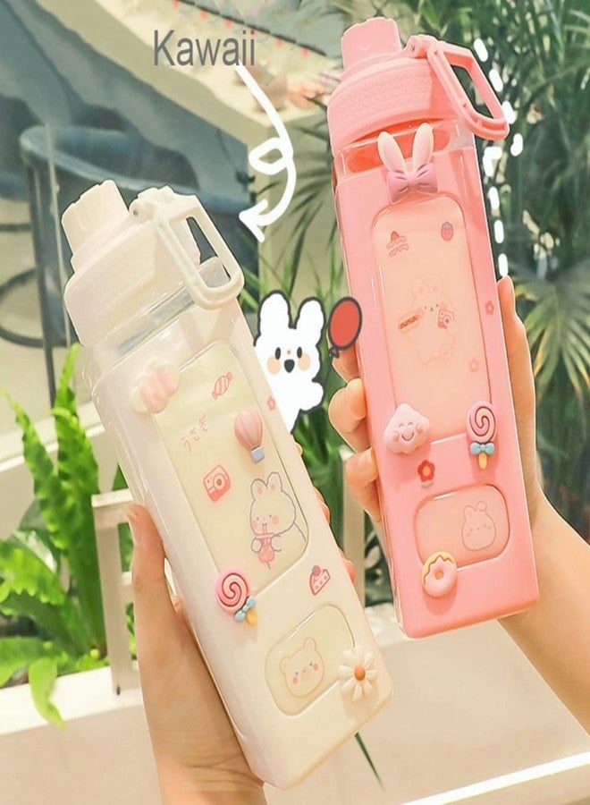 JHTPSLR Large Kawaii Water Bottle with Straw and 3D Stickers Cute Aesthetic Bottle Kawaii Milk Bottle Tea Cup Juice Shaker Portable Silicone (700ml/24oz, Pink) - Image 2