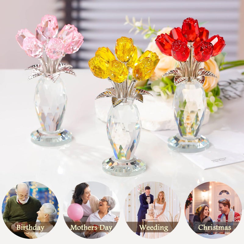 Movdyka Crystal Yellow Rose Flower Figurine with Vase Handmade Romantic Glass Rose Gifts for Wife Mom on Valentine's Birthday Christmas Wedding Home Decorations - Image 5