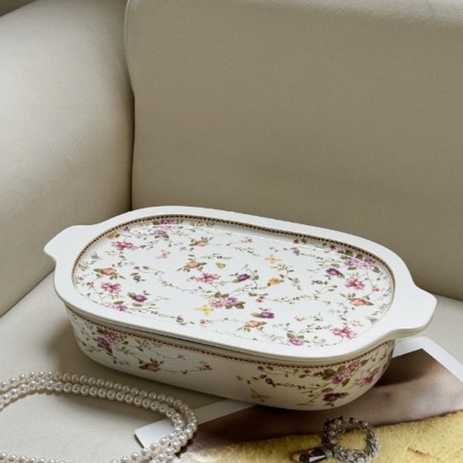 French Luxury Blue Bow Floral Baking Rectangular Ceramic Tray with Lid