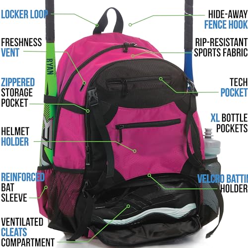 Athletico Advantage Baseball Bag - Baseball Backpack With External Helmet Holder for Baseball, T-Ball & Softball Equipment & Gear for Youth and Adults | Holds Bat, Helmet, Glove, Shoes (Pink) - Image 2