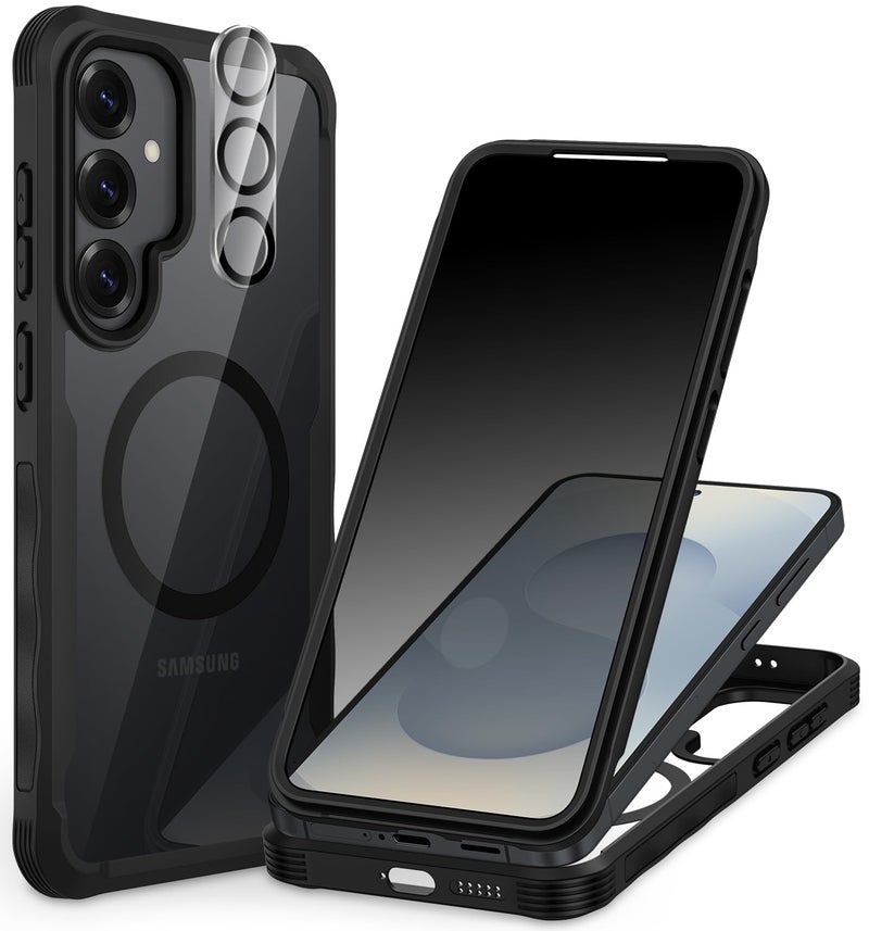 CENHUFO Magnetic Privacy for Samsung Galaxy S25 Case, Full Body Phone Case with Built-in 9H Tempered Glass Privacy Screen Protector and Camera Lens Cover, Shockproof Protective Clear Bumper -Black - Image 1