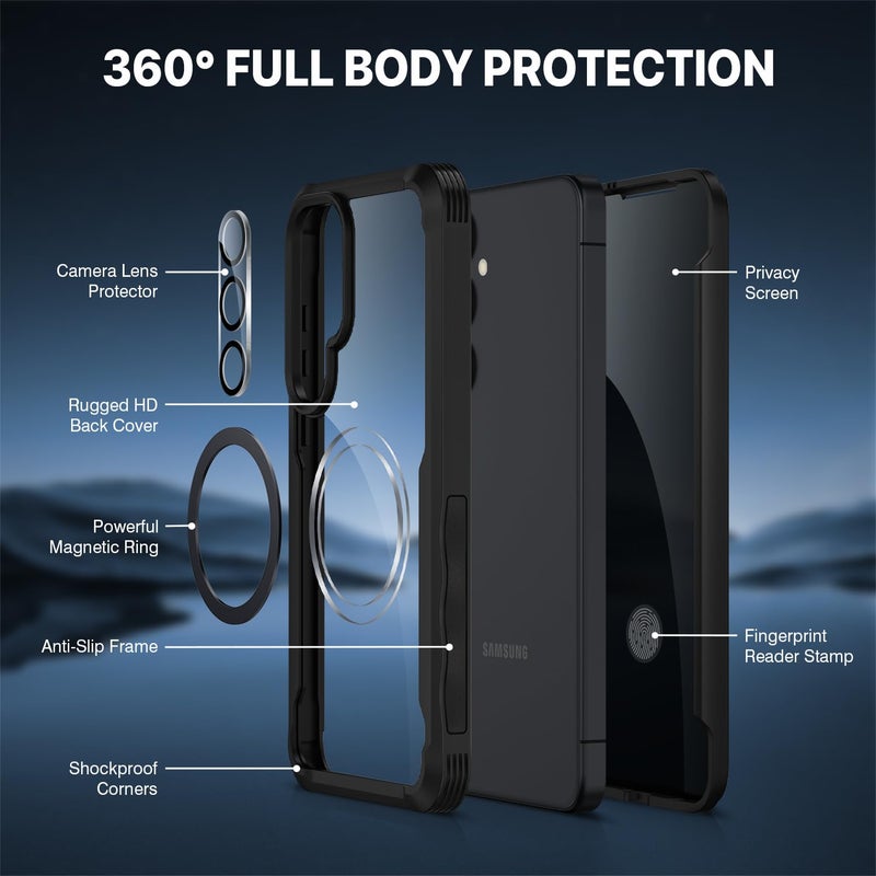 CENHUFO Magnetic Privacy for Samsung Galaxy S25 Case, Full Body Phone Case with Built-in 9H Tempered Glass Privacy Screen Protector and Camera Lens Cover, Shockproof Protective Clear Bumper -Black - Image 3