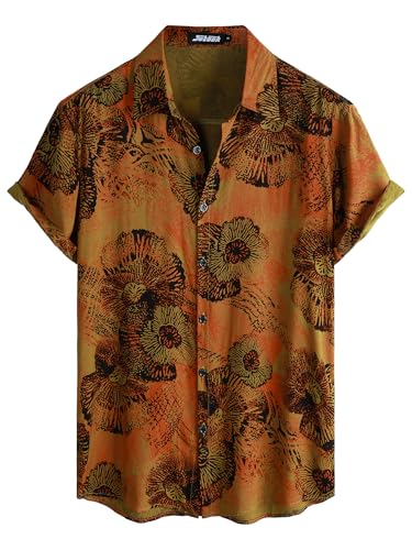 JOTOOK Mens Hawaiian Shirt Short Sleeve Button Down Tropical Shirts Casual Floral Summer Beach Shirt X-Large Gold - Image 1