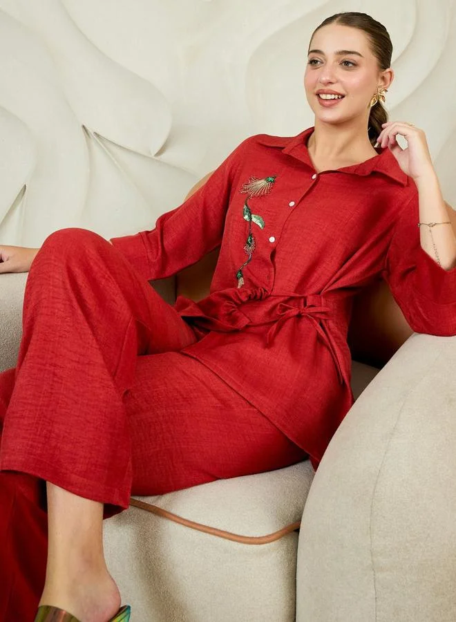 Athena Rust Beaded Detail Wrap Shirt and Pants Co-ords