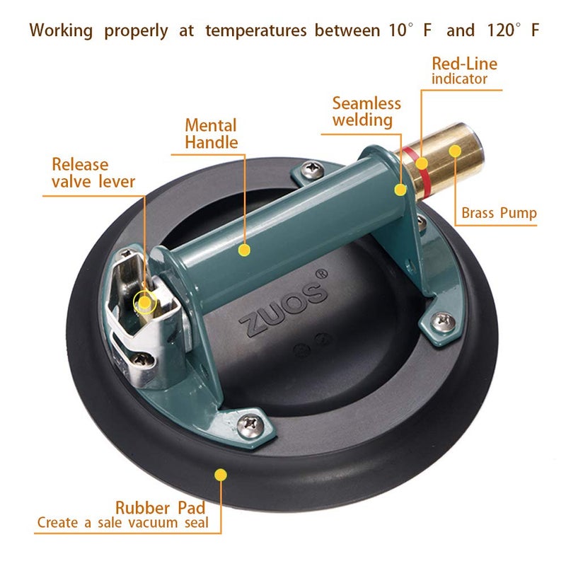 ZUOS 8" Glass Suction Cup for Granite & Glass Lifting, Vacuum Lifter with Metal Handle and Brass Pump,600lbs Load Capacity (8" Metal) - Image 2