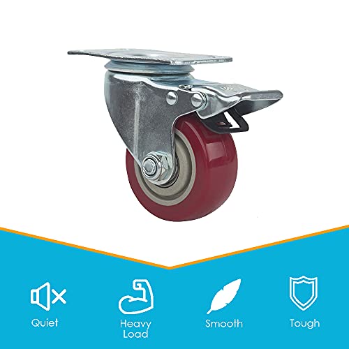 Houseables Caster Wheels, 4 Locking Castors, 3 Inch, Red, Heavy Duty, 1000 LB Total Capacity, Metal Swivel Brake Casters, Locking, Rubber Wheel, Castor Set, for Furniture, Dolly, Carts - Image 3