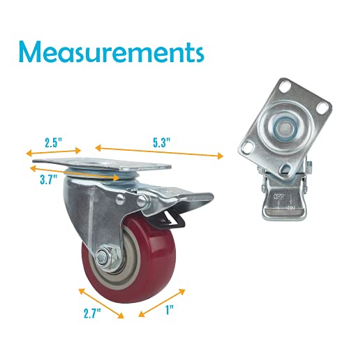 Houseables Caster Wheels, 4 Locking Castors, 3 Inch, Red, Heavy Duty, 1000 LB Total Capacity, Metal Swivel Brake Casters, Locking, Rubber Wheel, Castor Set, for Furniture, Dolly, Carts - Image 2