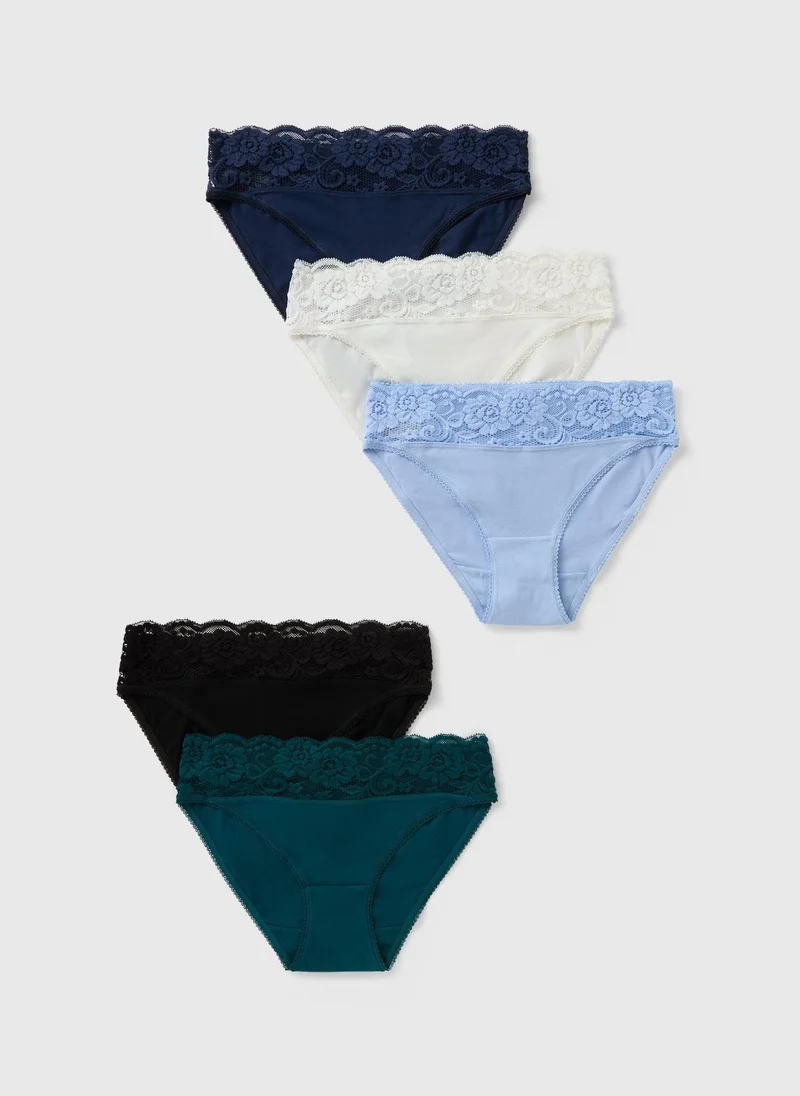 Matalan 5 Pack Multicolour Lace Trim High Leg Knickers