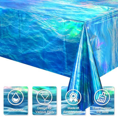 Hallswl 3 Pcs Iridescent Waves Tablecloths - Disposable Plastic Ocean Blue Table Cloth Rectangle Table Covers for Under the Sea Beach Surf Pool Party Birthday Party Decorations, 54 x 108 Inch - Image 3