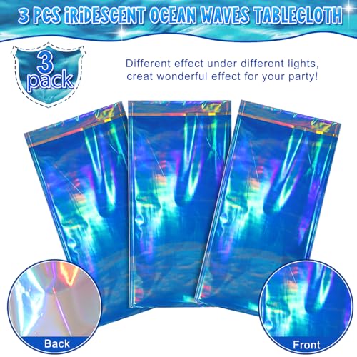 Hallswl 3 Pcs Iridescent Waves Tablecloths - Disposable Plastic Ocean Blue Table Cloth Rectangle Table Covers for Under the Sea Beach Surf Pool Party Birthday Party Decorations, 54 x 108 Inch - Image 4