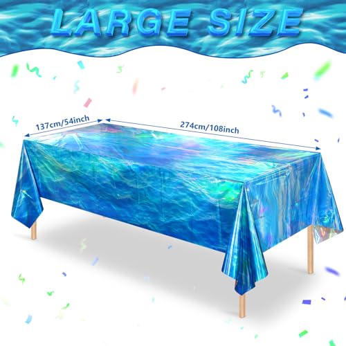 Hallswl 3 Pcs Iridescent Waves Tablecloths - Disposable Plastic Ocean Blue Table Cloth Rectangle Table Covers for Under the Sea Beach Surf Pool Party Birthday Party Decorations, 54 x 108 Inch - Image 2