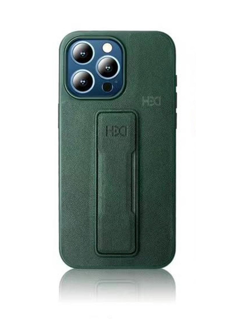 HDD - iPhone 15 Pro Leather Case Finger Holder Stand Green - Image 1