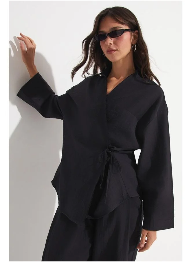 JUNE June Viscose Blend Blouse Trouser Set Black
