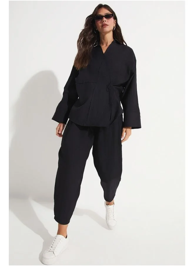 JUNE June Viscose Blend Blouse Trouser Set Black