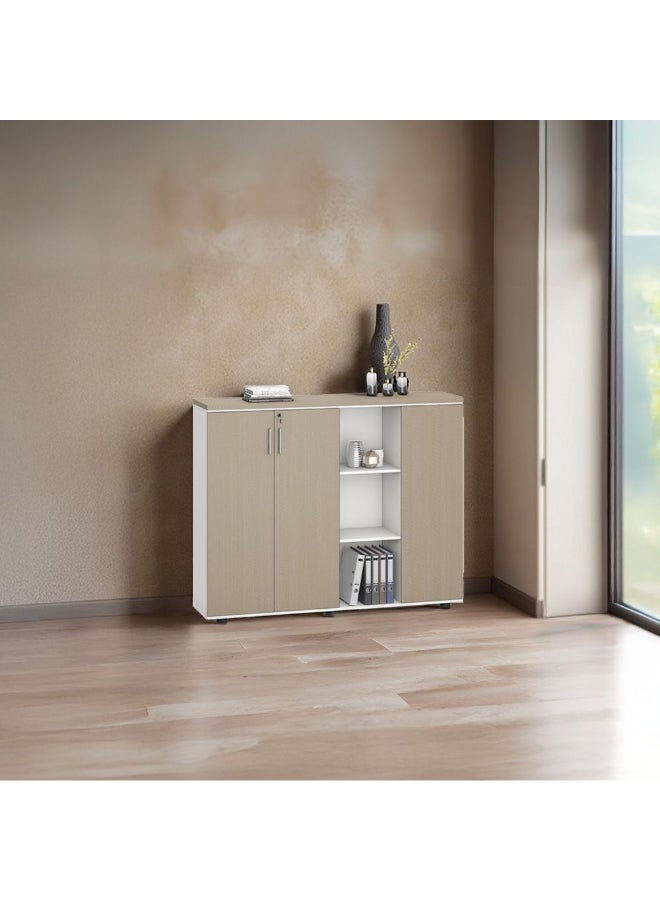 DANUBE HOME Herstal Office Credenza With 3 doors and open shelves Sturdy Kitchen Organiser Rack Modern Design Sideboard Cabinet Side Board For Dining Room L160xW40xH128cm - Oak/White - Image 2