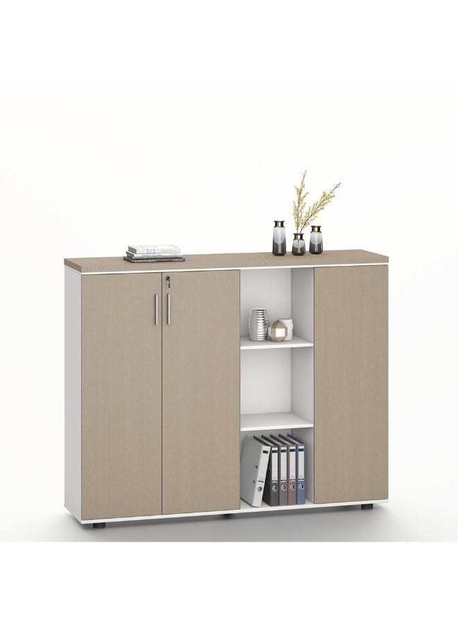 DANUBE HOME Herstal Office Credenza With 3 doors and open shelves Sturdy Kitchen Organiser Rack Modern Design Sideboard Cabinet Side Board For Dining Room L160xW40xH128cm - Oak/White - Image 3
