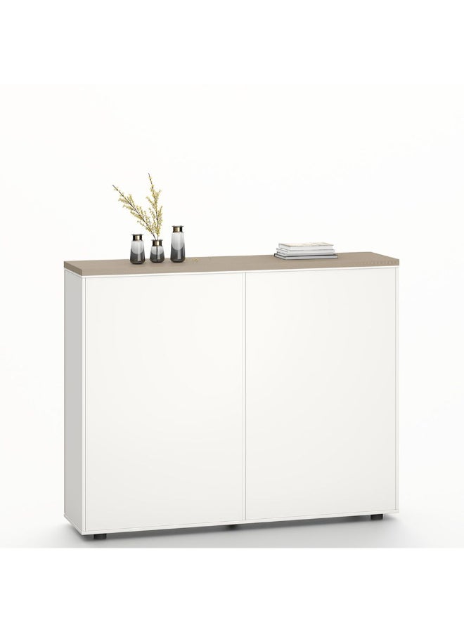 DANUBE HOME Herstal Office Credenza With 3 doors and open shelves Sturdy Kitchen Organiser Rack Modern Design Sideboard Cabinet Side Board For Dining Room L160xW40xH128cm - Oak/White - Image 4