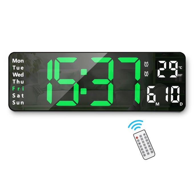SILENT DIGITAL WALL CLOCK LARGE DISPLAY 13 INCH WITH DATE WEEK TEMPERATURE, LED CLOCK WITH REMOTE CONTROL FOR LIVING ROOM DECOR OFFICE KITCHEN, AUTOMATIC BRIGHTNESS DIMMER, COUNTDOWN, GREEN