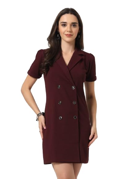 Style Quotient Women Solid Maroon Texture Polyester Regular Fit Semi Formal Blazer Dress - Image 1