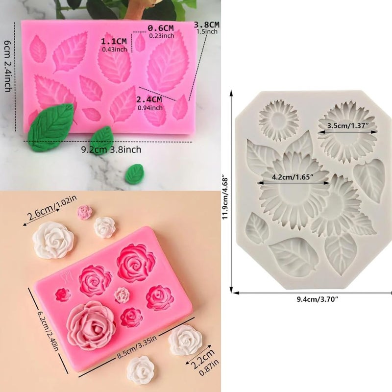 Skytail 3 Pack Sunflower Rose Flower Leaf Fondant Silicone Moulds for Chocolate Candy Cake Decoration Cupcake Topper Gummy Jelly Ice Cube Sugarpaste Clay Soap Candle Wax Resin Crafting Jewelry Molds - Image 2