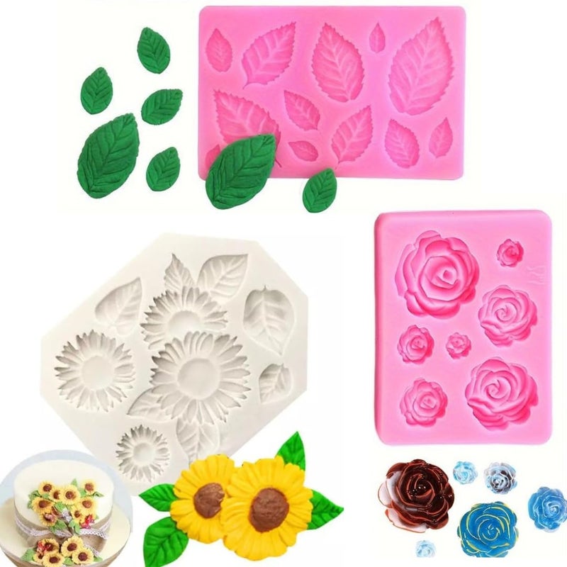 Skytail 3 Pack Sunflower Rose Flower Leaf Fondant Silicone Moulds for Chocolate Candy Cake Decoration Cupcake Topper Gummy Jelly Ice Cube Sugarpaste Clay Soap Candle Wax Resin Crafting Jewelry Molds - Image 1