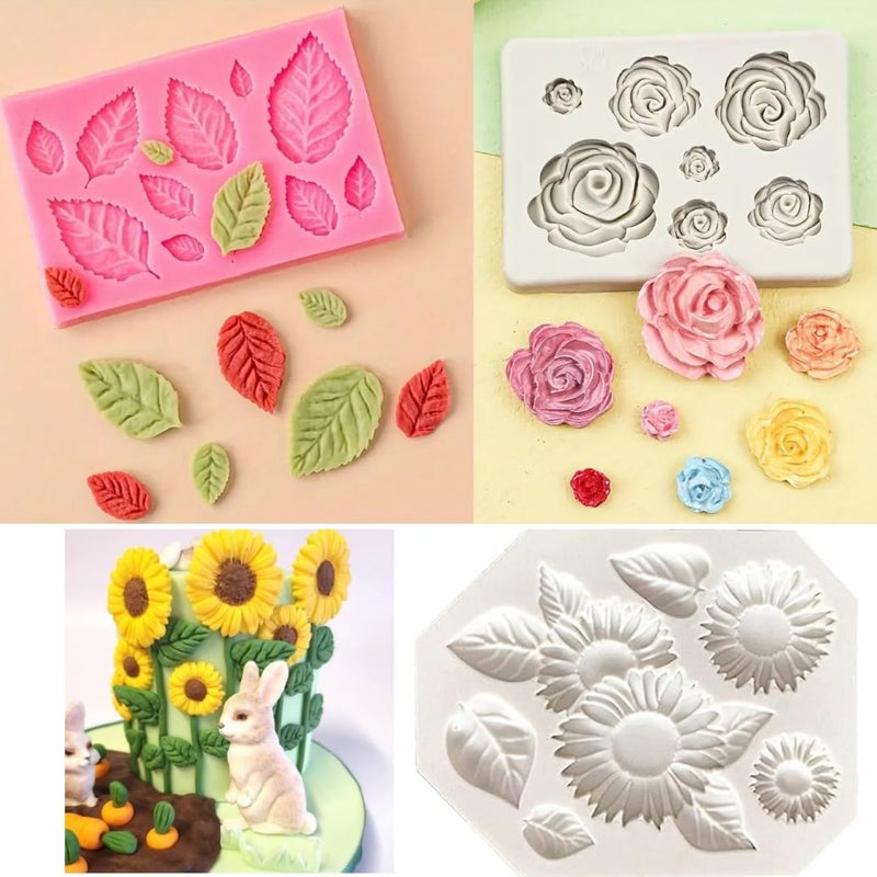 Skytail 3 Pack Sunflower Rose Flower Leaf Fondant Silicone Moulds for Chocolate Candy Cake Decoration Cupcake Topper Gummy Jelly Ice Cube Sugarpaste Clay Soap Candle Wax Resin Crafting Jewelry Molds - Image 3