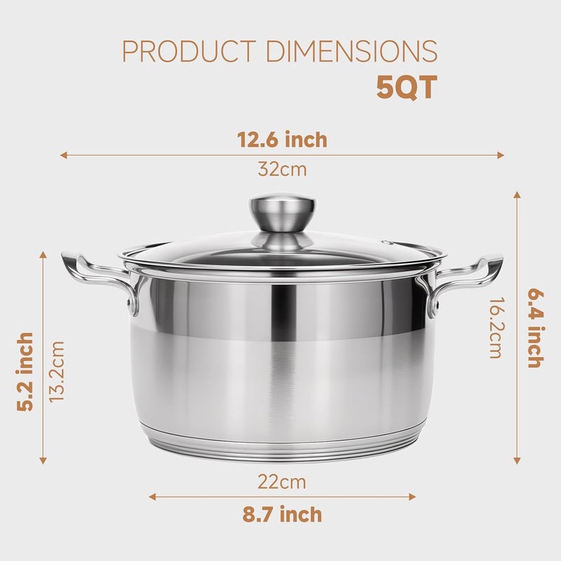 Ohtomber 5 Quart Dutch Pot - Stainless Steel Stock Cooking Induction Pot with Lid for Pasta, Soup, Spaghetti, Nonstick Thick Base Stockpot, Kitchen Cookware for Stew, Simmer, Boiling - Image 2