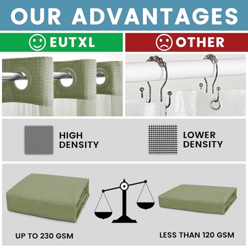 EUTXL Sage Green Hotel Shower Curtain - 230GSM Waffle Textured Heavy Duty Thick Fabric Shower Curtains for Bathroom,71W x 74H - Image 2
