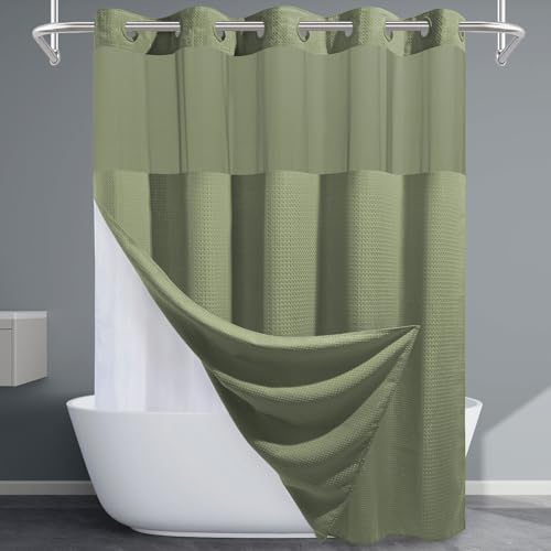 EUTXL Sage Green Hotel Shower Curtain - 230GSM Waffle Textured Heavy Duty Thick Fabric Shower Curtains for Bathroom,71W x 74H - Image 1
