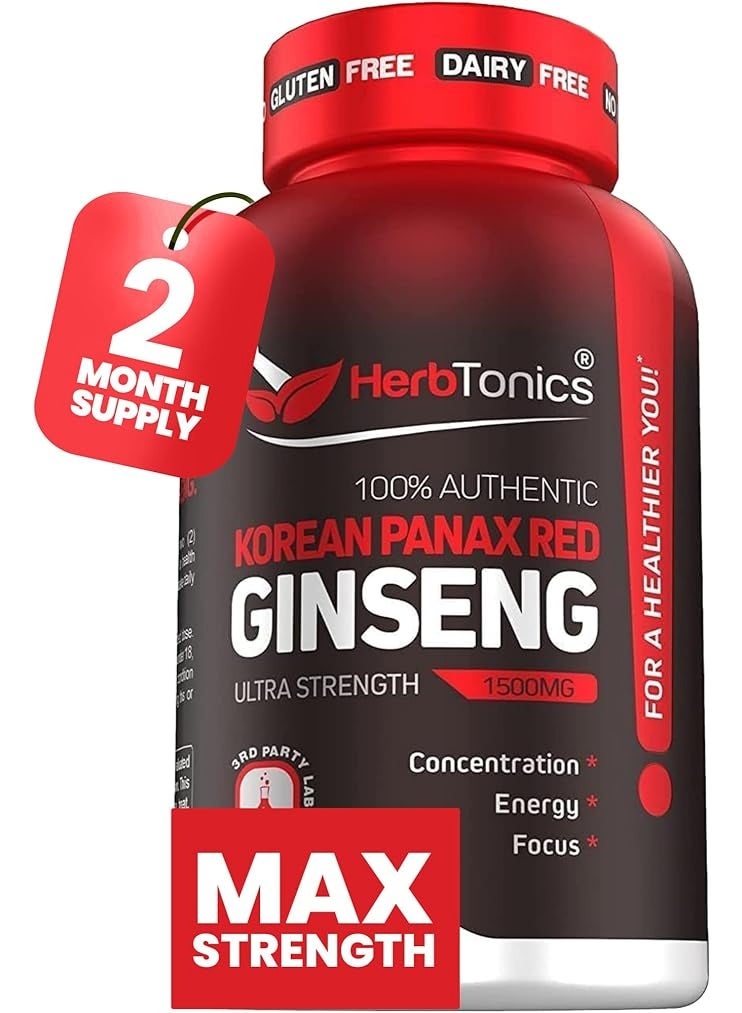 Herbtonics High Strength Korean Red Panax Ginseng 1500mg Supplement for Men and Women (120 Vegan Capsules)