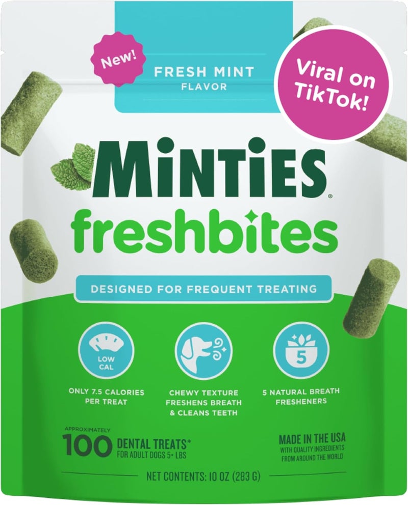Minties FreshBites Soft and Chewy Dental Treats, Low Calorie Natural Mint Flavored Dental Chews for Dogs, 100 Count, Dog Chews Clean Teeth, Fight Bad Breath, Removes Plaque and Tartar - Image 1