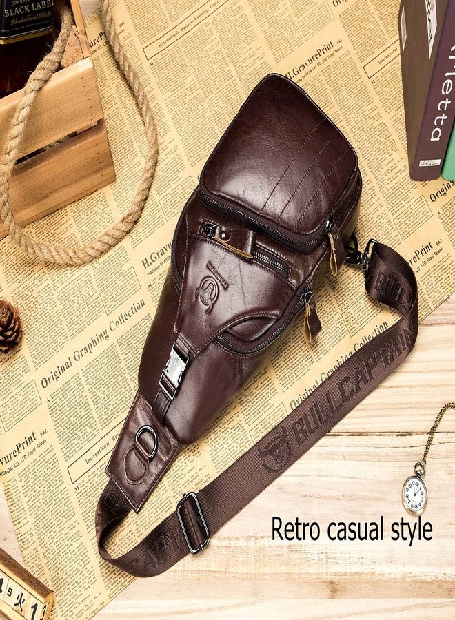 BULLCAPTAIN Men Sling Chest Bag Genuine Leather Casual Multipurpose Crossbody Shoulder Backpack Travel Hiking Daypack (Brown) - Image 3