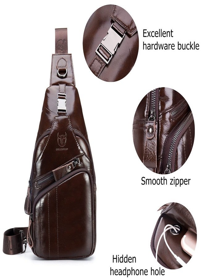 BULLCAPTAIN Men Sling Chest Bag Genuine Leather Casual Multipurpose Crossbody Shoulder Backpack Travel Hiking Daypack (Brown) - Image 4