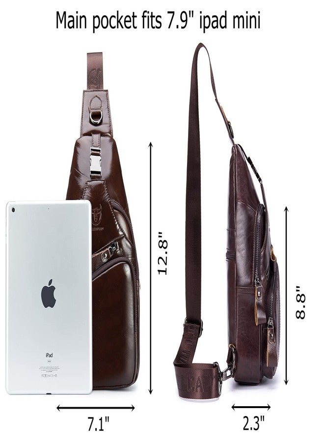 BULLCAPTAIN Men Sling Chest Bag Genuine Leather Casual Multipurpose Crossbody Shoulder Backpack Travel Hiking Daypack (Brown) - Image 2