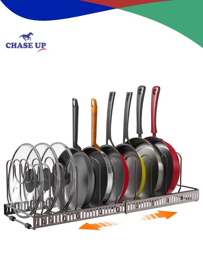 Chase Up Expandable Pot and Pan Organizer for Cabinet with 10 Dividers, Adjustable Pots and Pans Organizer Rack Pan Lid Cookware Bakeware Baking Storage Holder for Kitchen Countertop Pantry -Bronze - Image 1