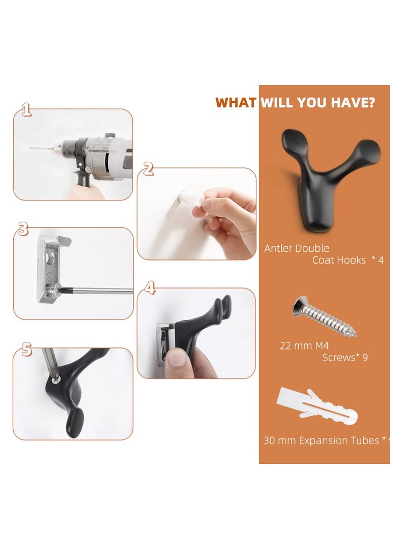 SYOSI, 4pcs Wall Mounted Coat Hooks, Antler Double Prong Durable Hooks Heavy Duty, Minimalist Design Hook for Hat Key Towel, Bath Robe - Image 3