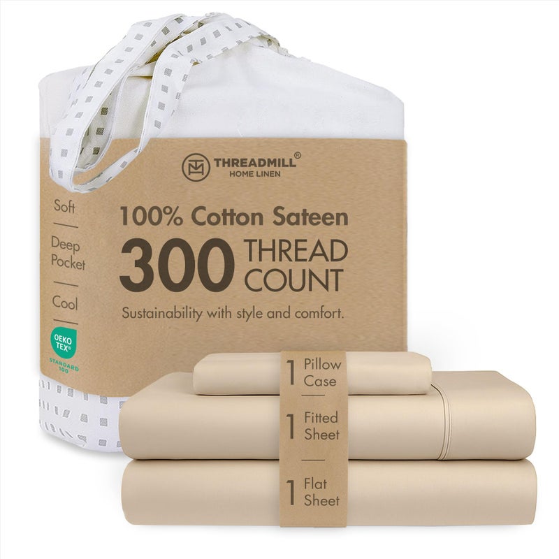 Threadmill Cotton Twin Sheet Set | 100% Cotton Sheets for Twin Size Bed | Solid Sateen Twin Bed Sheets Set with 16â€ Deep Pocket | Soft Breathable 3-Piece Cooling Sheet Set | Beige - Image 1
