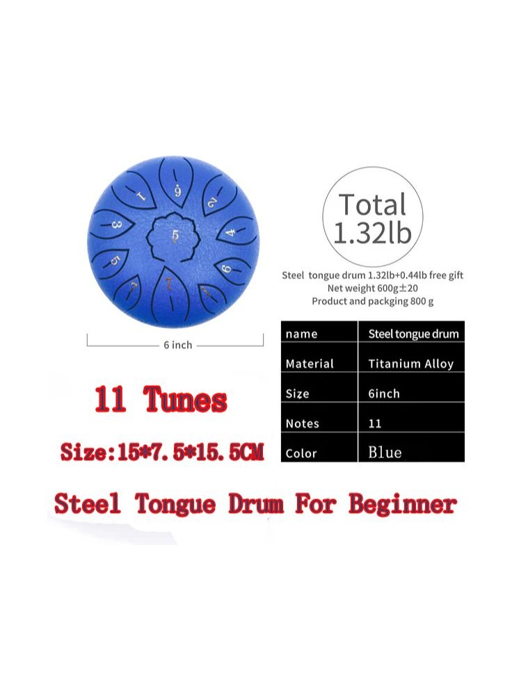 1-Piece Musical Instrument 11 Tunes Percussion Drum,6 Inch Steel Tongue Drum For Beginner,Pad Sticks Percussion Hand Drum,Colour Blue - Image 4